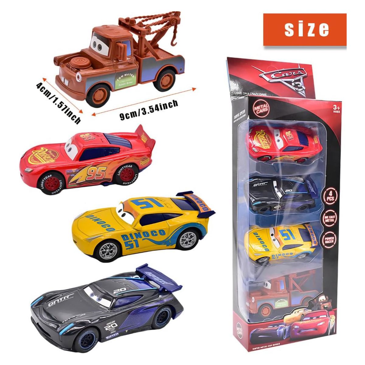 VEHÍCULO PACK 4 CARROS CARS RAYO MCQUEEN METAL JUGUETE NIÑOS - 2
