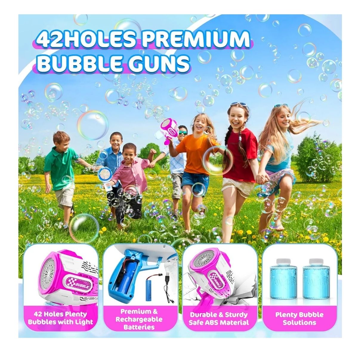 JUGUETE PISTOLA DE BURBUJAS RECARGABLE 42 AGUJEROS CON LUZ VERDE - 6