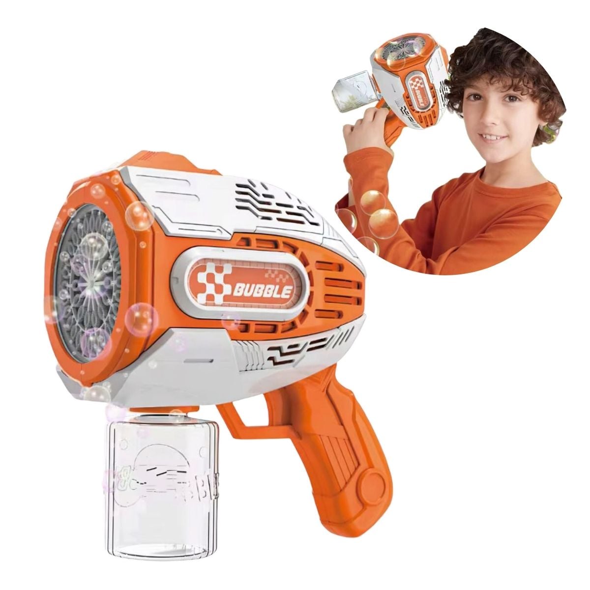 JUGUETE PISTOLA DE BURBUJAS RECARGABLE 42 AGUJEROS CON LUZ NARANJA - 1
