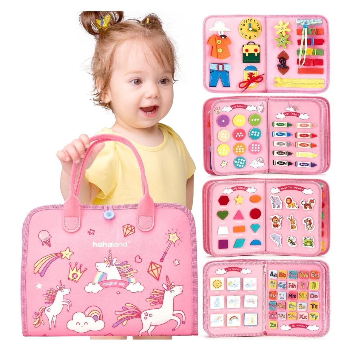 JUEGO LIBRO SENSORIAL DE ACTIVIDADES MONTESSORI PARA NIÑAS UNICORNIO CON PEGA PEGA - 1