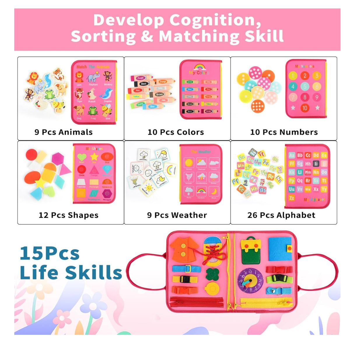 JUEGO LIBRO SENSORIAL DE ACTIVIDADES MONTESSORI PARA NIÑAS UNICORNIO CON PEGA PEGA - 6
