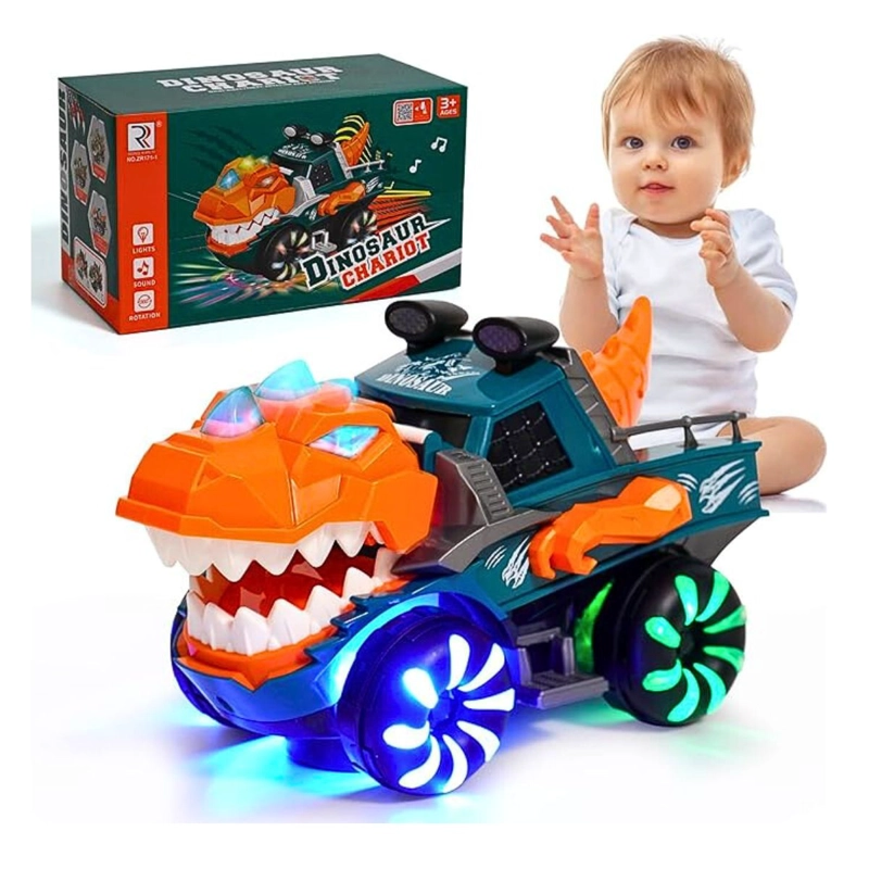CARRO DINOSAURIO CON LUCES Y SONIDO REALISTA GIRA 360° PARA NIÑOS - 1