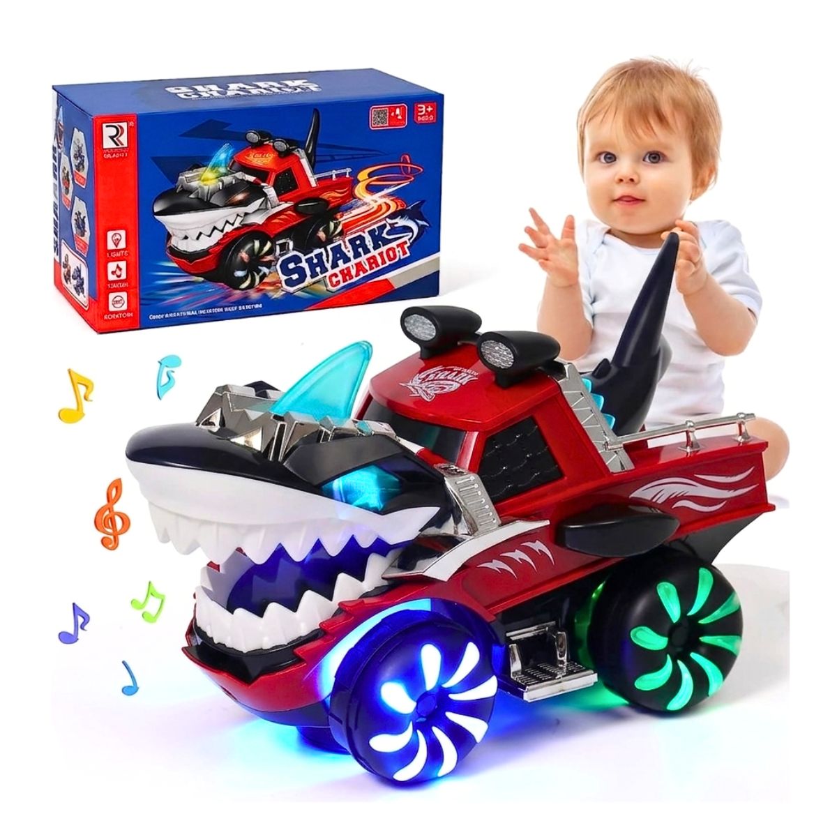 CARRO TIBURON CON LUCES Y SONIDO REALISTA GIRA 360° PARA NIÑOS ROJO - 1