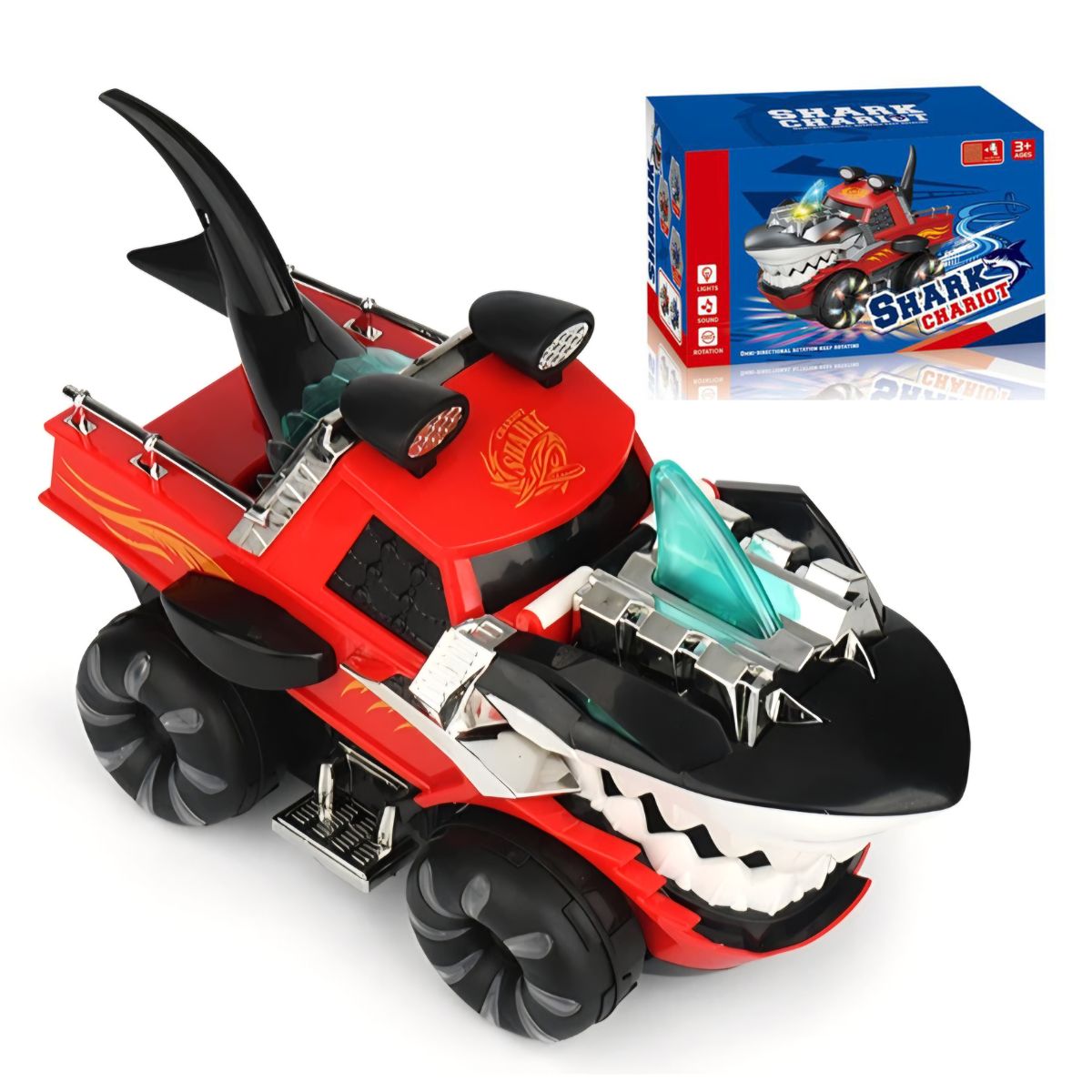CARRO TIBURON CON LUCES Y SONIDO REALISTA GIRA 360° PARA NIÑOS ROJO - 10