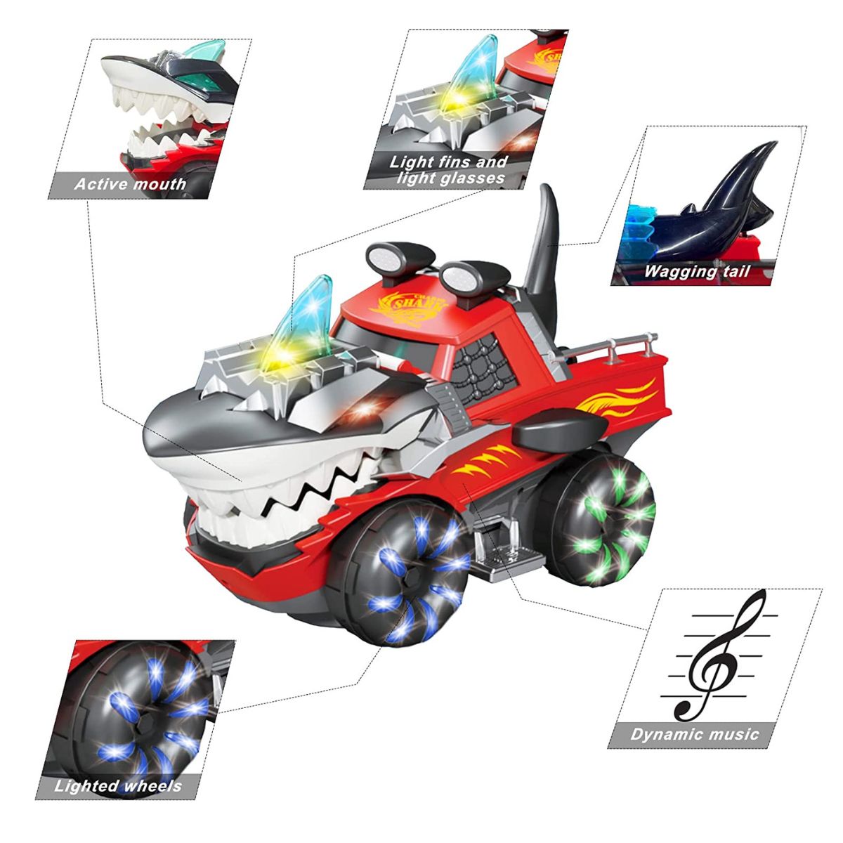 CARRO TIBURON CON LUCES Y SONIDO REALISTA GIRA 360° PARA NIÑOS ROJO - 6