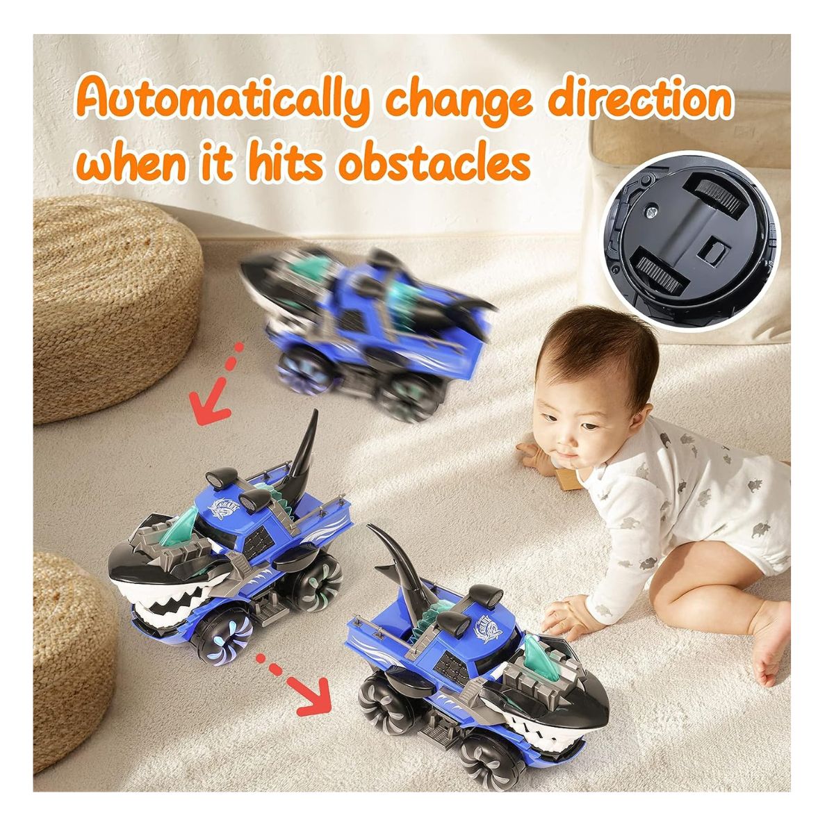CARRO TIBURON CON LUCES Y SONIDO REALISTA GIRA 360° PARA NIÑOS ROJO - 9