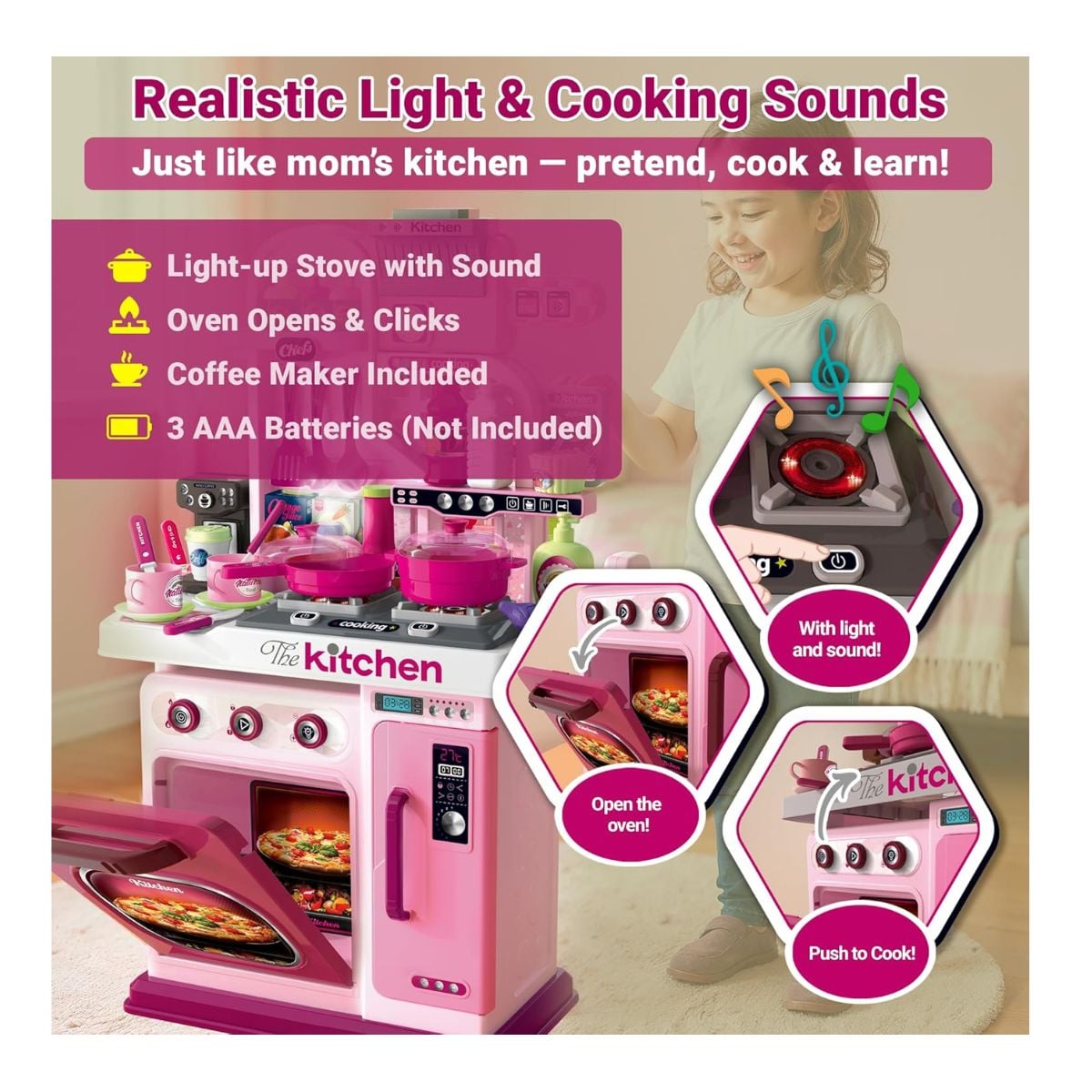 JUGUETE COCINA REAL PARA NIÑAS 53 PIEZAS CON LUZ SONIDO KITCHEN CHEF ROSADO - 4