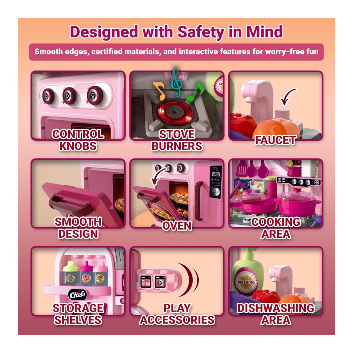 JUGUETE COCINA REAL PARA NIÑAS 53 PIEZAS CON LUZ SONIDO KITCHEN CHEF ROSADO - 6
