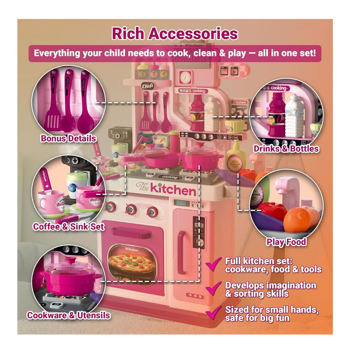 JUGUETE COCINA REAL PARA NIÑAS 53 PIEZAS CON LUZ SONIDO KITCHEN CHEF ROSADO - 7