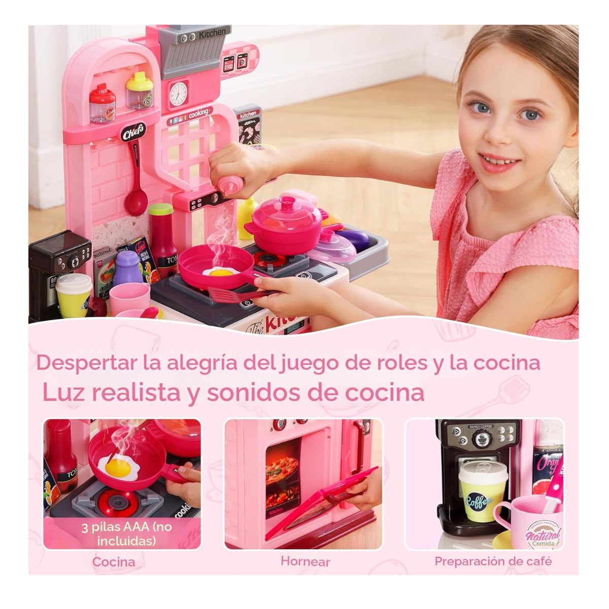 JUGUETE COCINA REAL PARA NIÑAS 53 PIEZAS CON LUZ SONIDO KITCHEN CHEF ROSADO - 8