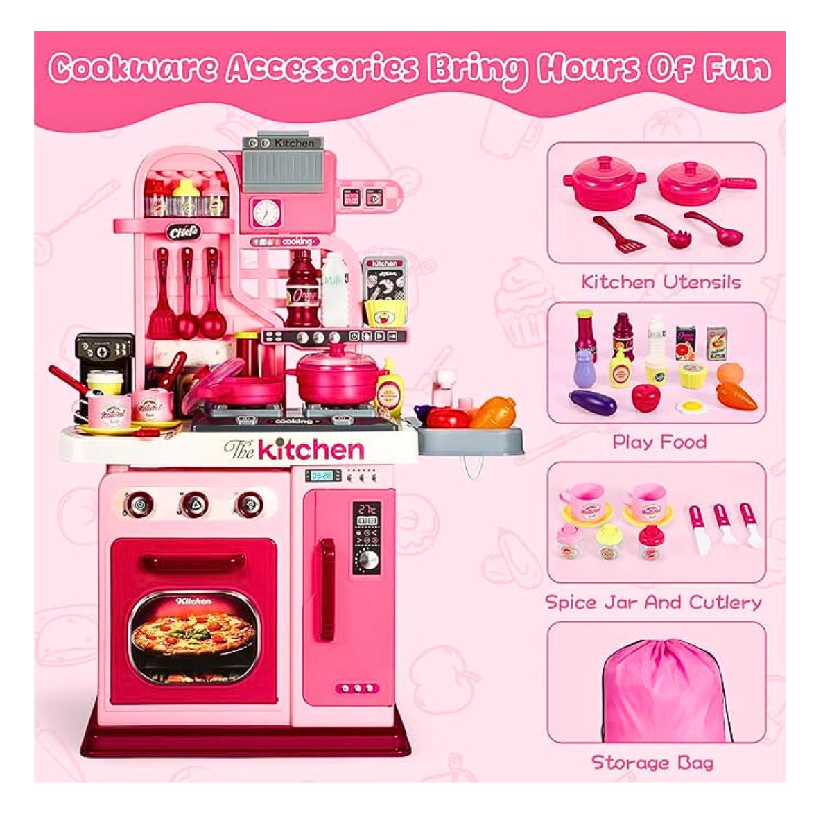 JUGUETE COCINA REAL PARA NIÑAS 53 PIEZAS CON LUZ SONIDO KITCHEN CHEF ROSADO - 9