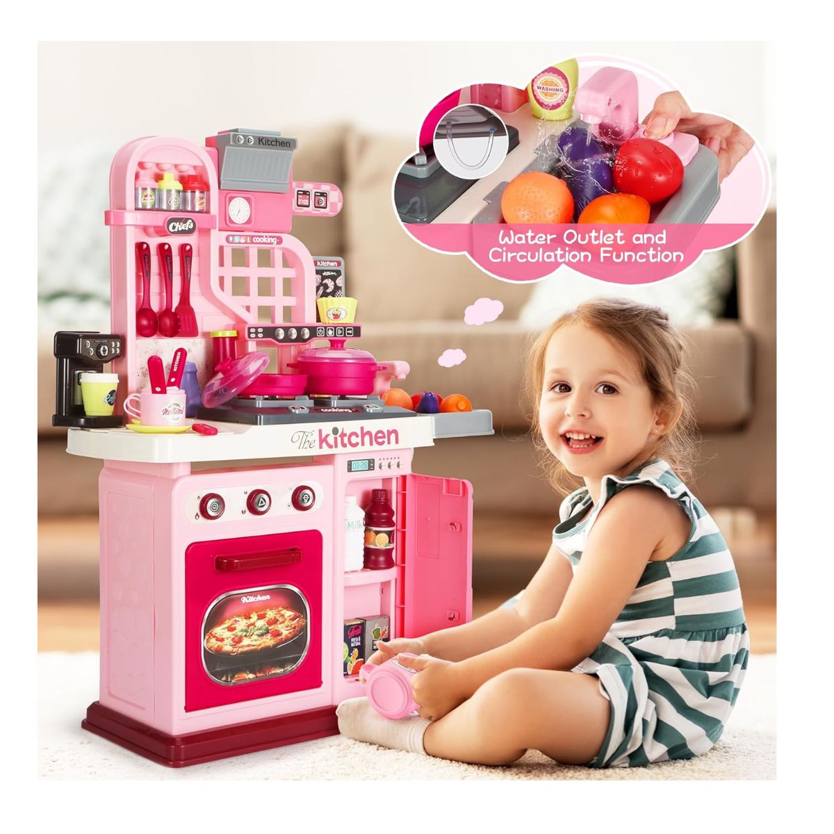 JUGUETE COCINA REAL PARA NIÑAS 53 PIEZAS CON LUZ SONIDO KITCHEN CHEF ROSADO - 10