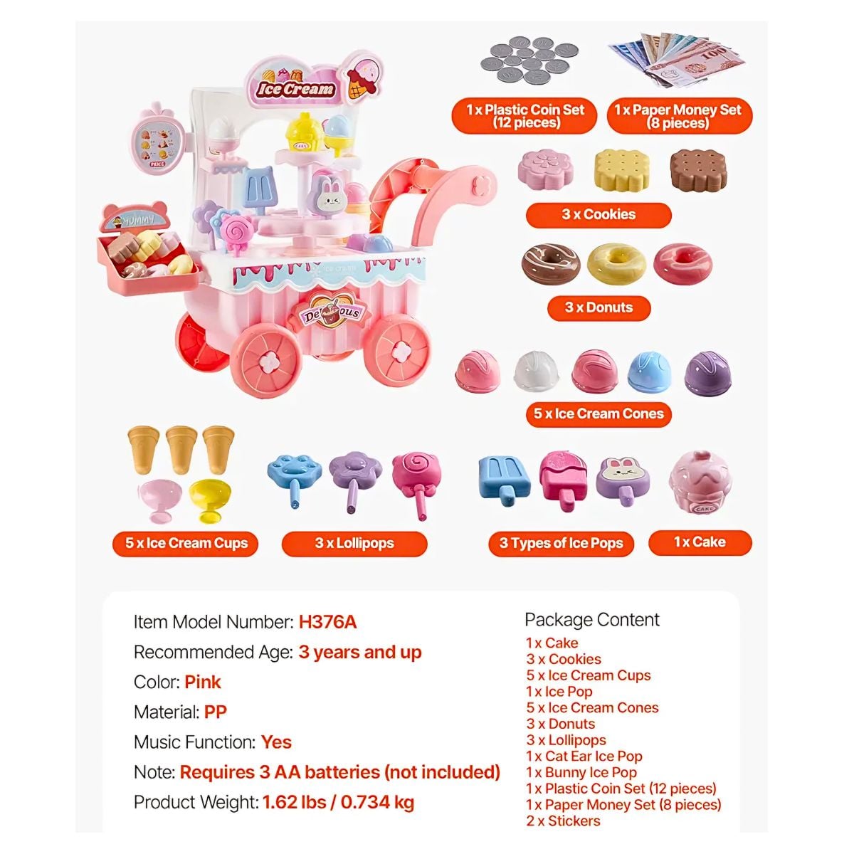 Heladería Carrito De Juguete Giratorio Con Música Y Luces, Incluye Accesorios - 3