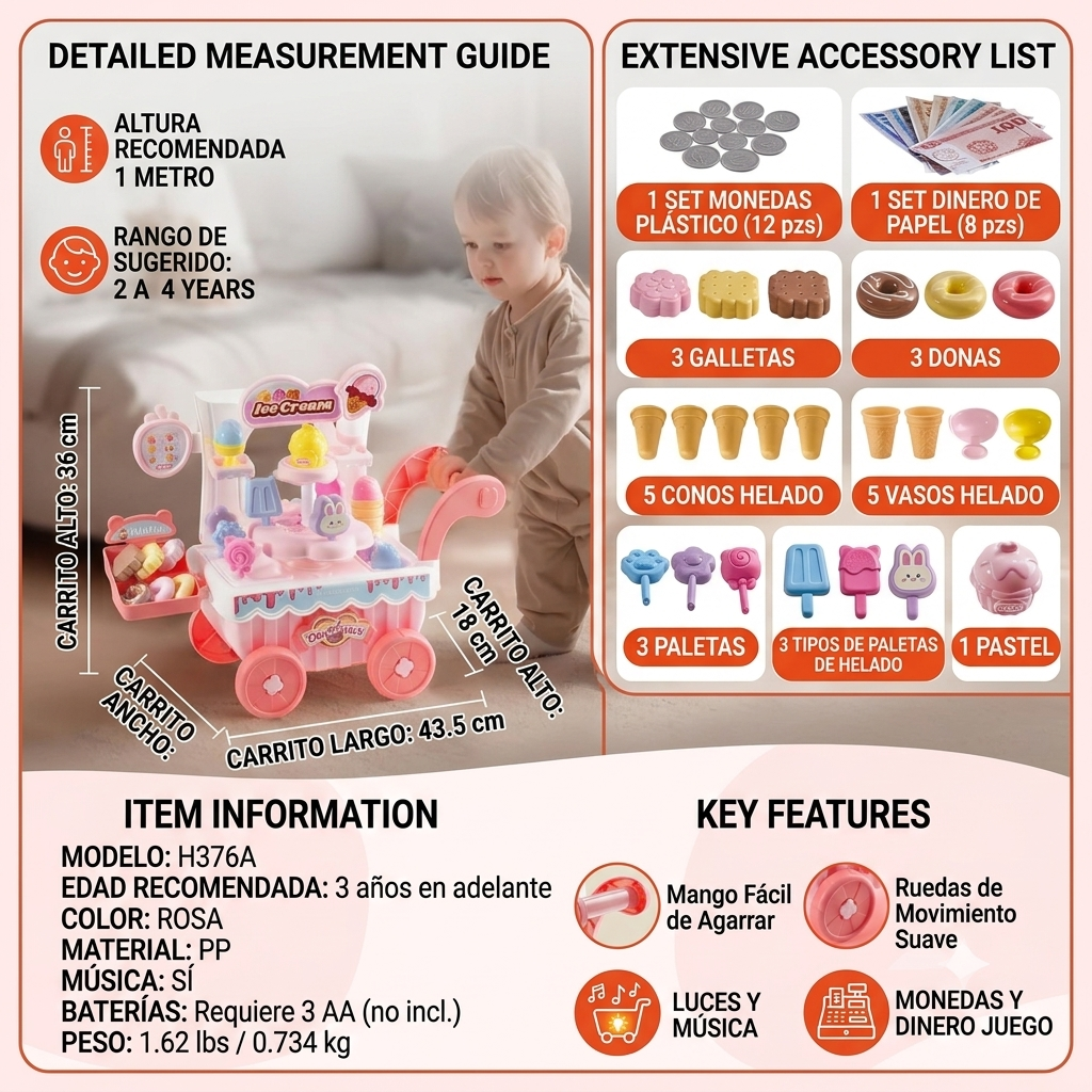 Heladería Carrito De Juguete Giratorio Con Música Y Luces, Incluye Accesorios - 4