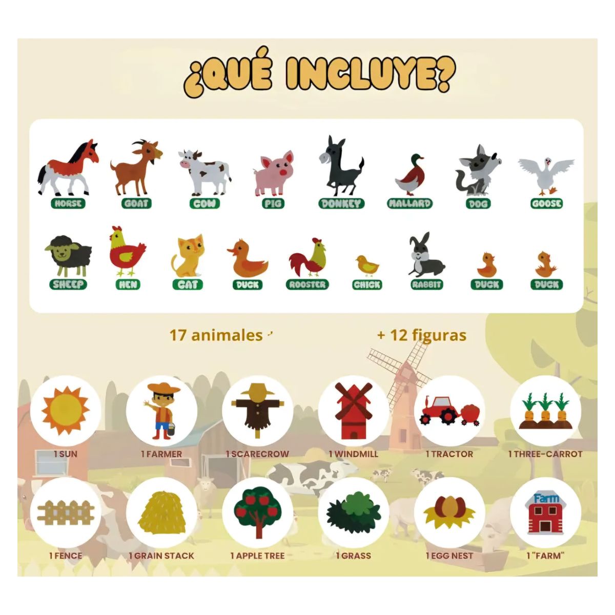 ALFOMBRA DIDACTICA MONTESSORI DE FIELTRO GRANJA PARA NIÑOS MURAL 105X75CM REUTILIZABLE - 7