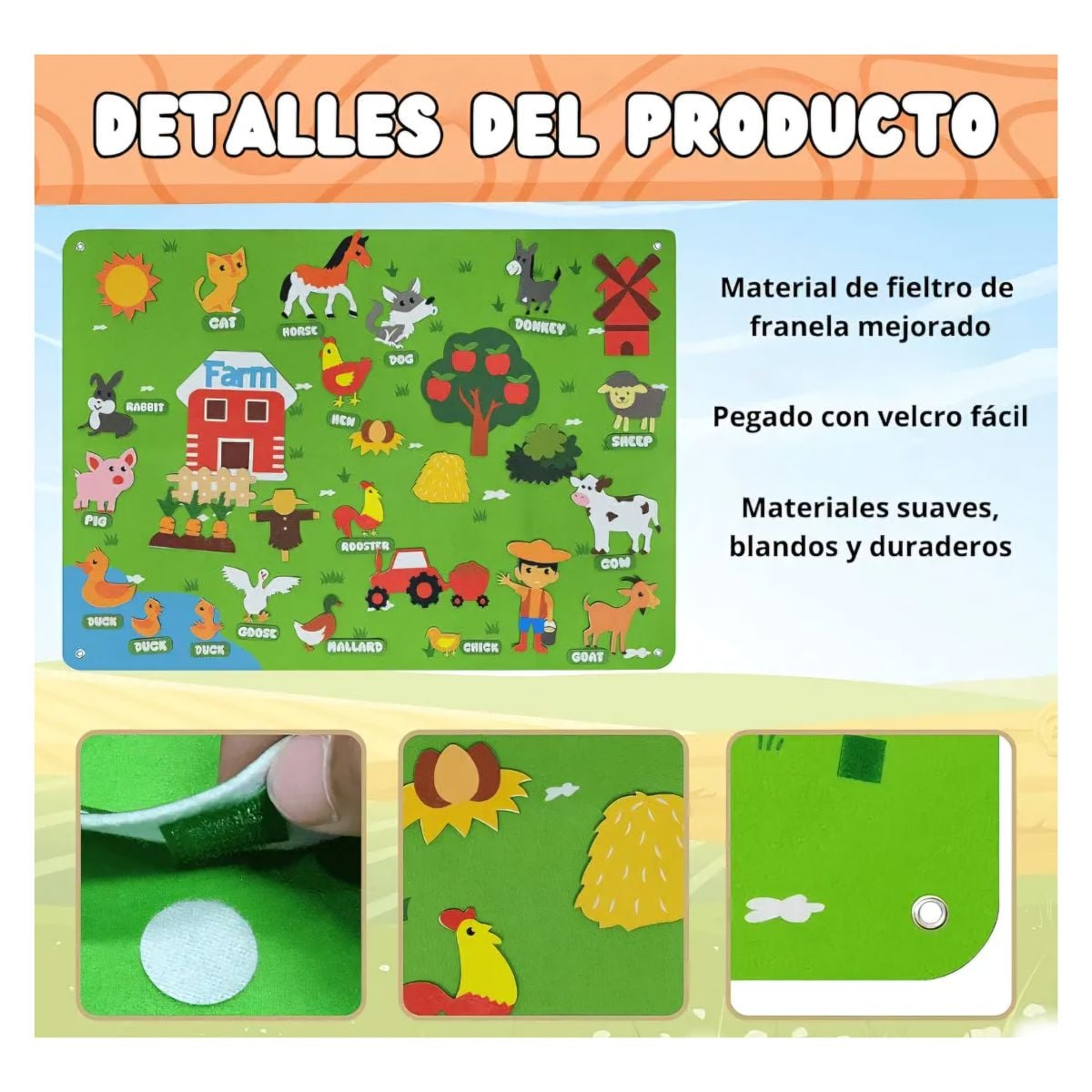 ALFOMBRA DIDACTICA MONTESSORI DE FIELTRO GRANJA PARA NIÑOS MURAL 105X75CM REUTILIZABLE - 8