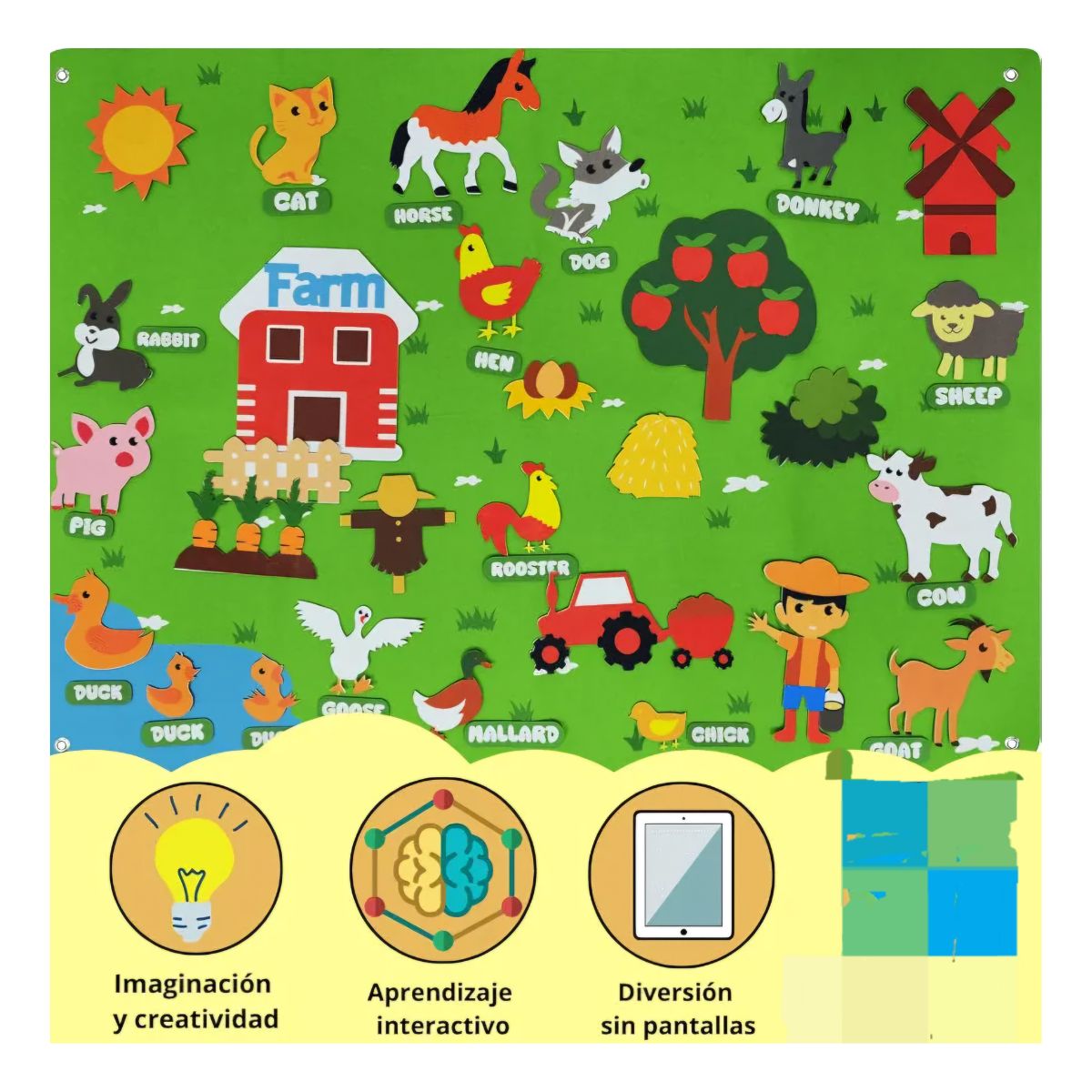ALFOMBRA DIDACTICA MONTESSORI DE FIELTRO GRANJA PARA NIÑOS MURAL 105X75CM REUTILIZABLE - 9