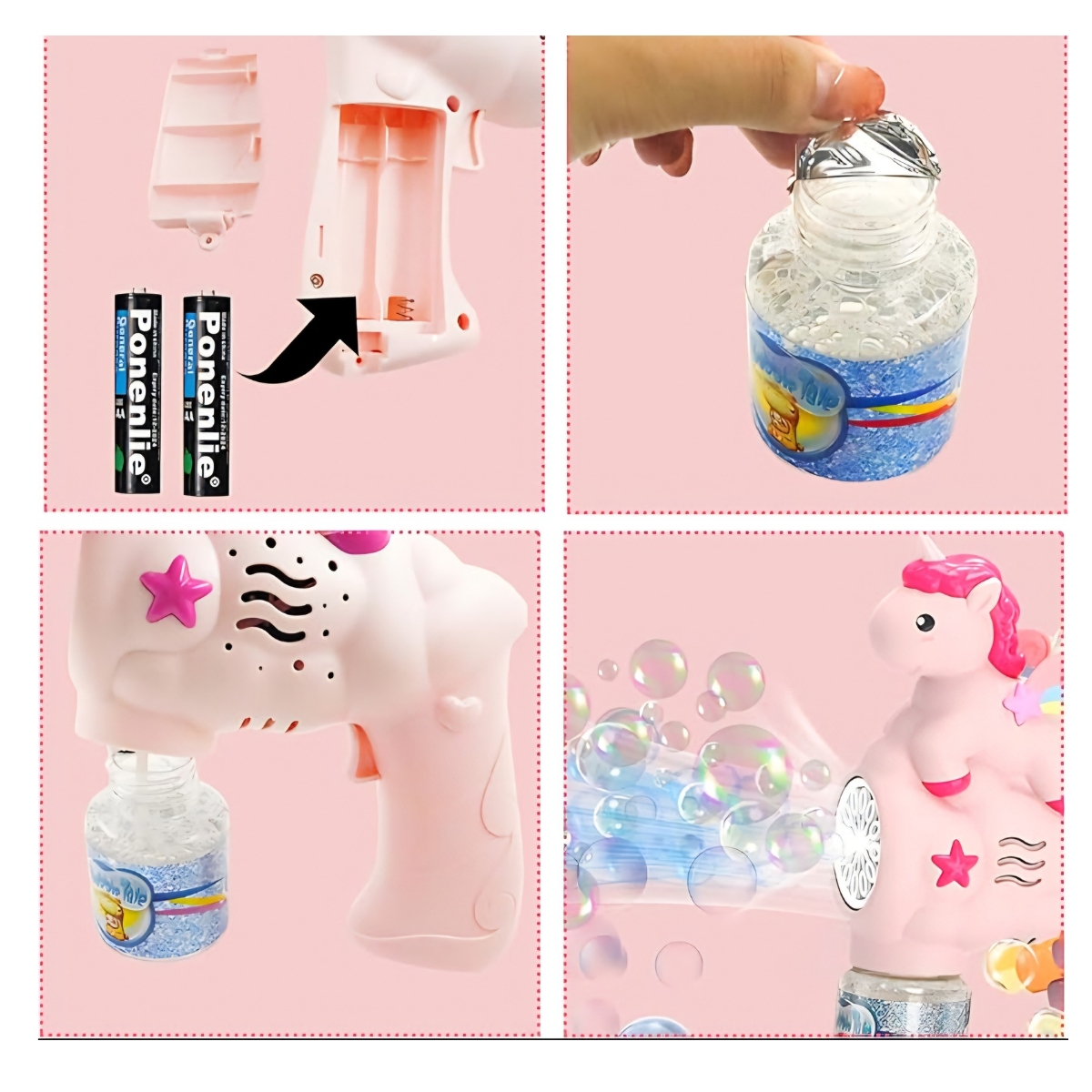 PISTOLA DE BURBUJAS UNICORNIO CON LUZ JUGUETE PARA NIÑAS ROSA - 4
