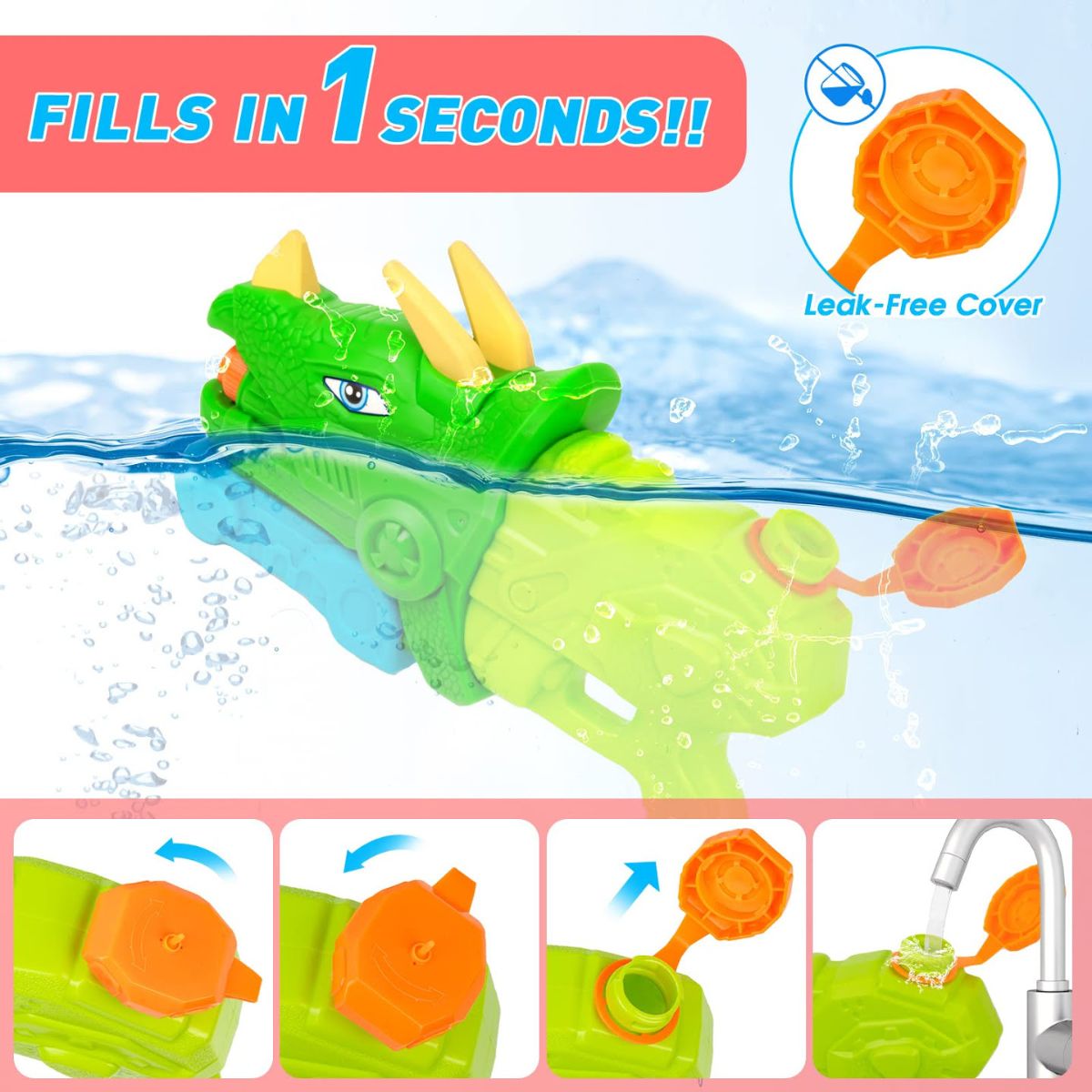 CHISGUETE PISTOLA DE AGUA WATER GUN DINOSAURIO TRICERATOPS 41 CM PARA NIÑOS - 8
