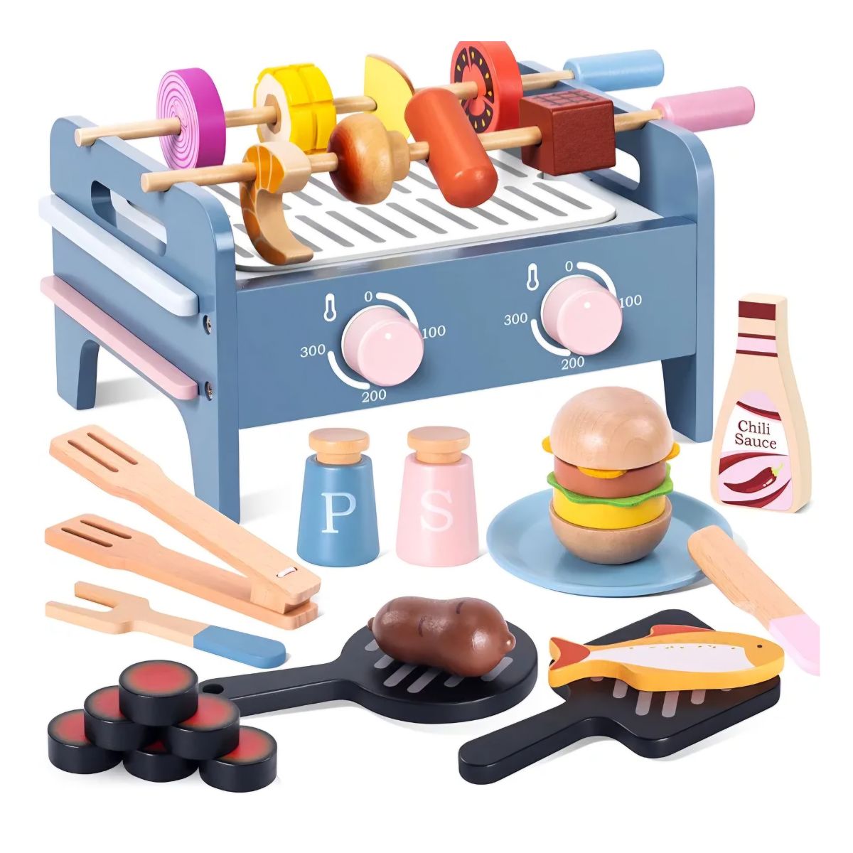 JUEGO PARRILLA BBQ DIDACTICO PARA NIÑOS DE MADERA MONTESSORI CON ACCESORIOS - 1