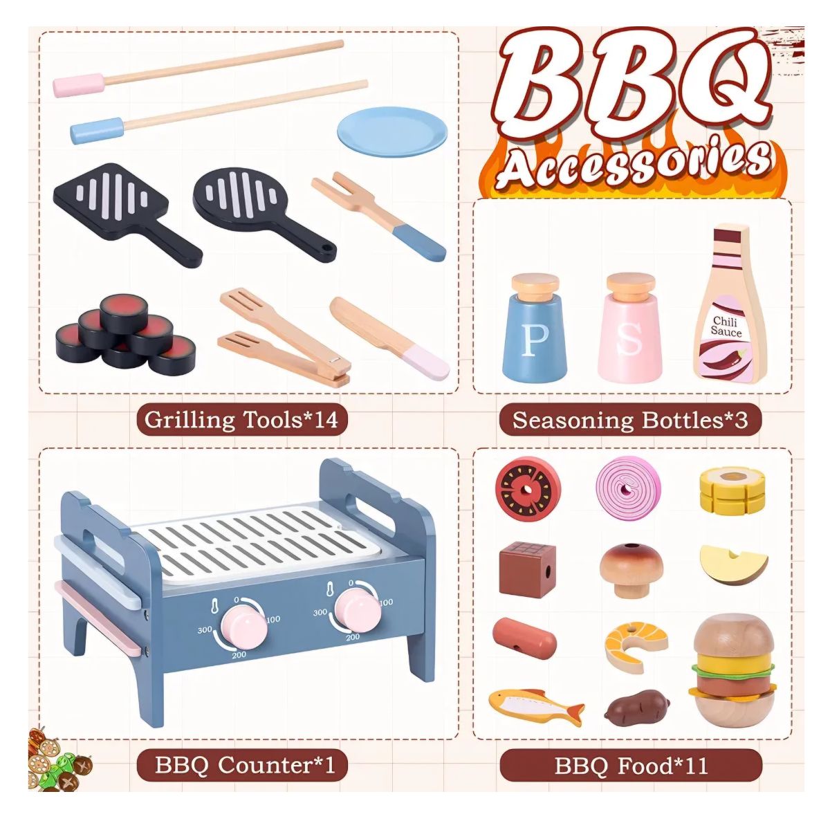 JUEGO PARRILLA BBQ DIDACTICO PARA NIÑOS DE MADERA MONTESSORI CON ACCESORIOS - 5