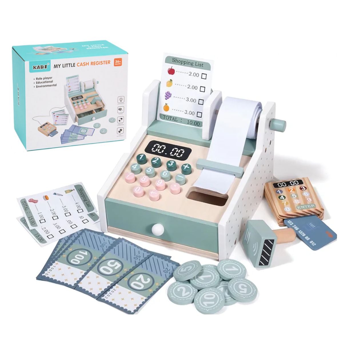 JUGUETE MINI CAJA REGISTRADORA DE MADERA PARA NIÑOS DIDACTICO CON ACCESORIOS - 1