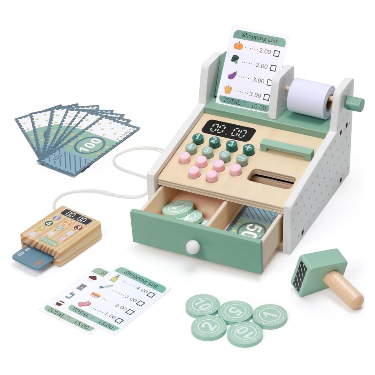 JUGUETE MINI CAJA REGISTRADORA DE MADERA PARA NIÑOS DIDACTICO CON ACCESORIOS - 2