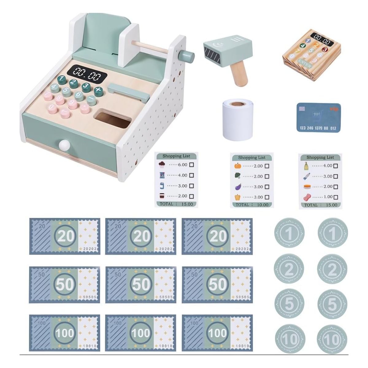 JUGUETE MINI CAJA REGISTRADORA DE MADERA PARA NIÑOS DIDACTICO CON ACCESORIOS - 3