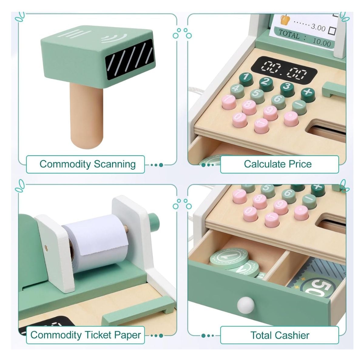 JUGUETE MINI CAJA REGISTRADORA DE MADERA PARA NIÑOS DIDACTICO CON ACCESORIOS - 6
