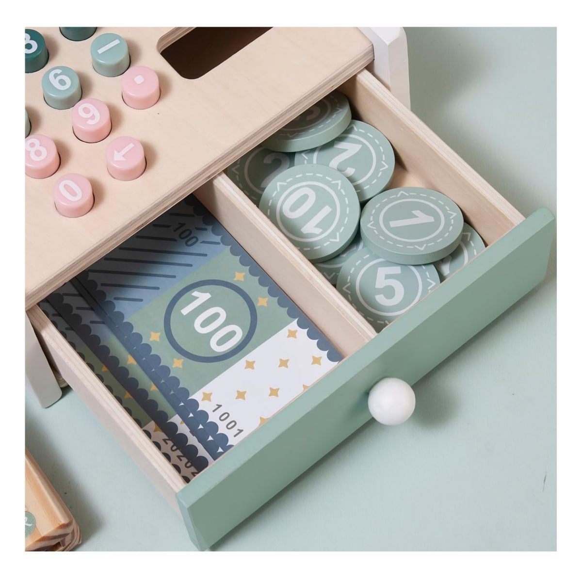 JUGUETE MINI CAJA REGISTRADORA DE MADERA PARA NIÑOS DIDACTICO CON ACCESORIOS - 8