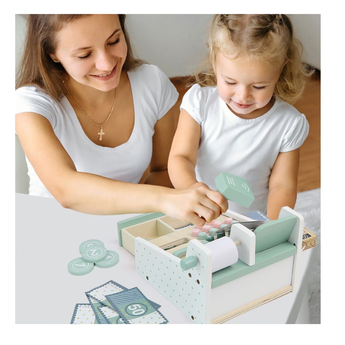 JUGUETE MINI CAJA REGISTRADORA DE MADERA PARA NIÑOS DIDACTICO CON ACCESORIOS - 9