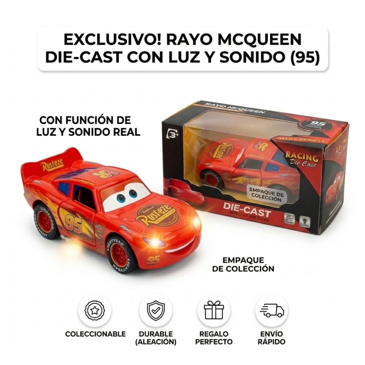 JUGUETE AUTO DE METAL RAYO MCQUEEN LUZ Y SONIDO CON FRICCION COLECCION CARS PARA NIÑOS - 2