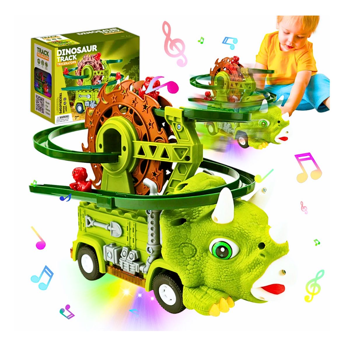 JUGUETE CAMIÓN TRICERATOPS PISTA MUSICAL ESCALERA DE DINOSAURIO CON LUCES Y SONIDO INTERACTIVO - 1