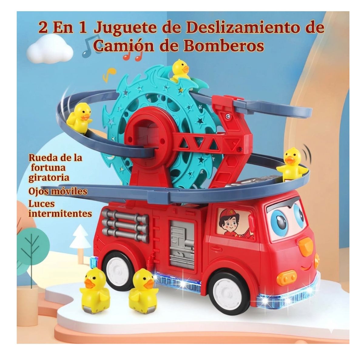 JUGUETE CAMIÓN BOMBERO PISTA MUSICAL ESCALERA DE PATITOS CON LUCES - 6