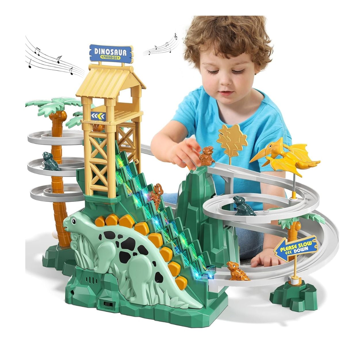 JUGUETE PISTA DE DINOSAURIO MUSICAL CON LUCES Y ESCALERAS CON ACCESORIOS - 1