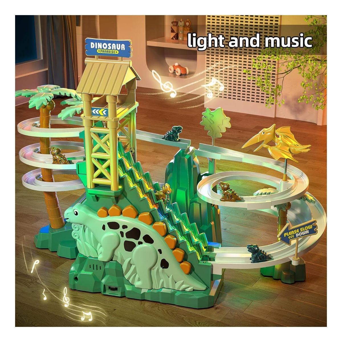 JUGUETE PISTA DE DINOSAURIO MUSICAL CON LUCES Y ESCALERAS CON ACCESORIOS - 2
