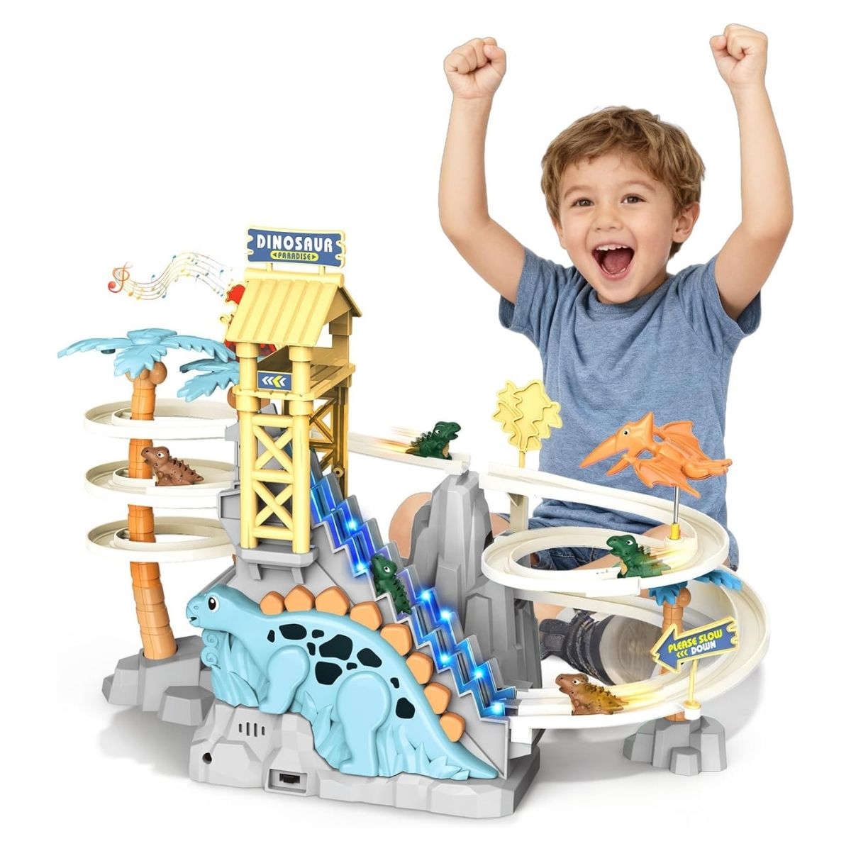 JUGUETE PISTA DE DINOSAURIO MUSICAL CON LUCES Y ESCALERAS CON DESLIZADOR Y ACCESORIOS - 1
