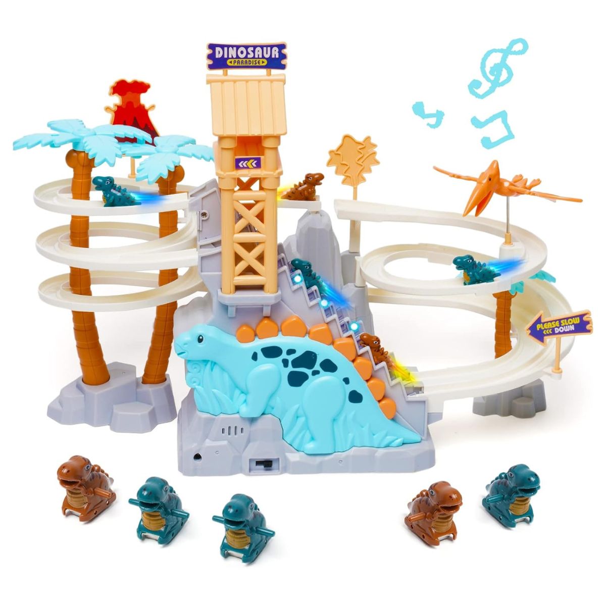 JUGUETE PISTA DE DINOSAURIO MUSICAL CON LUCES Y ESCALERAS CON DESLIZADOR Y ACCESORIOS - 8