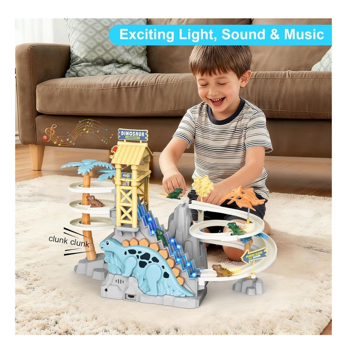 JUGUETE PISTA DE DINOSAURIO MUSICAL CON LUCES Y ESCALERAS CON DESLIZADOR Y ACCESORIOS - 9