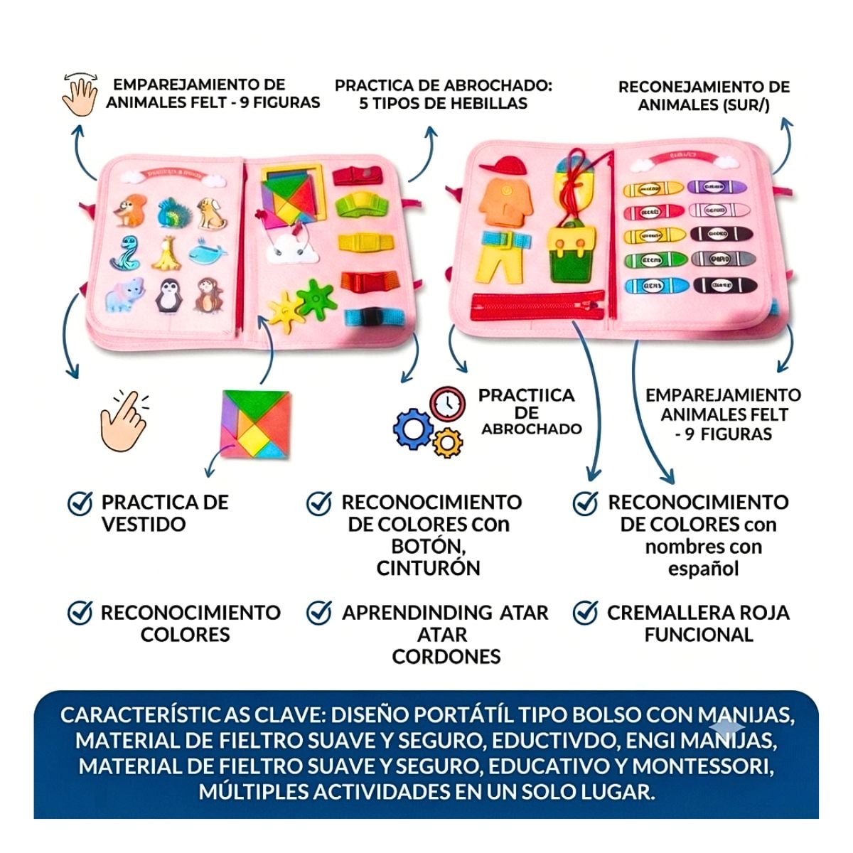 JUEGO LIBRO DIDÁCTICO MONTESSORI ACTIVIDADES SENSORIALES PARA NIÑOS ROSA - 7