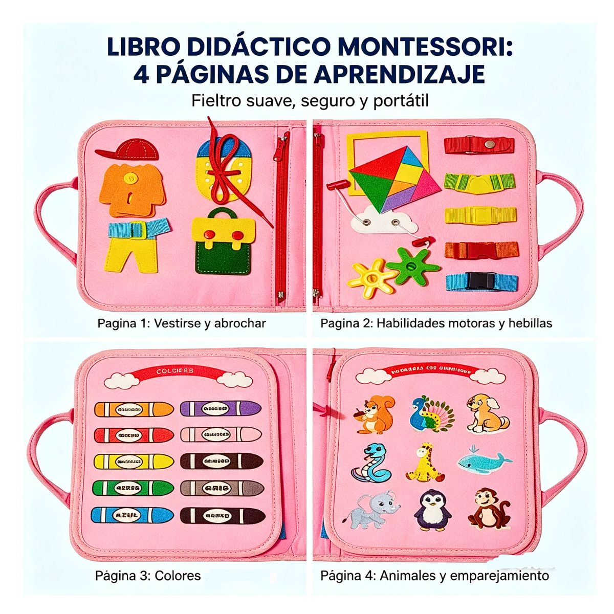 JUEGO LIBRO DIDÁCTICO MONTESSORI ACTIVIDADES SENSORIALES PARA NIÑOS ROSA - 8
