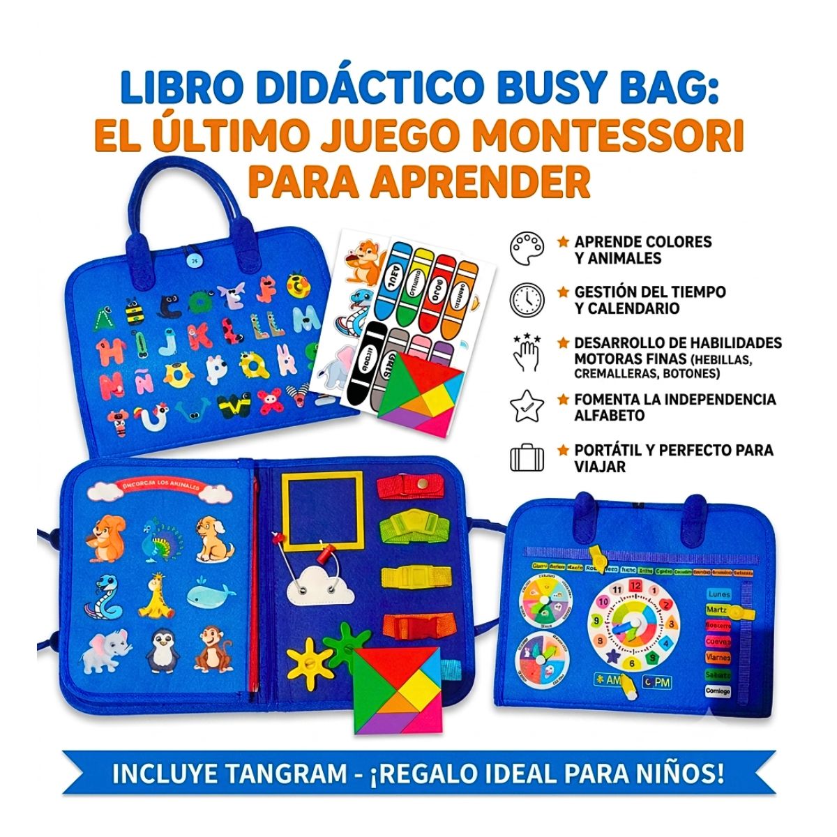 JUEGO LIBRO DIDÁCTICO MONTESSORI DE ACTIVIDADES SENSORIALES PARA NIÑOS AZUL - 8