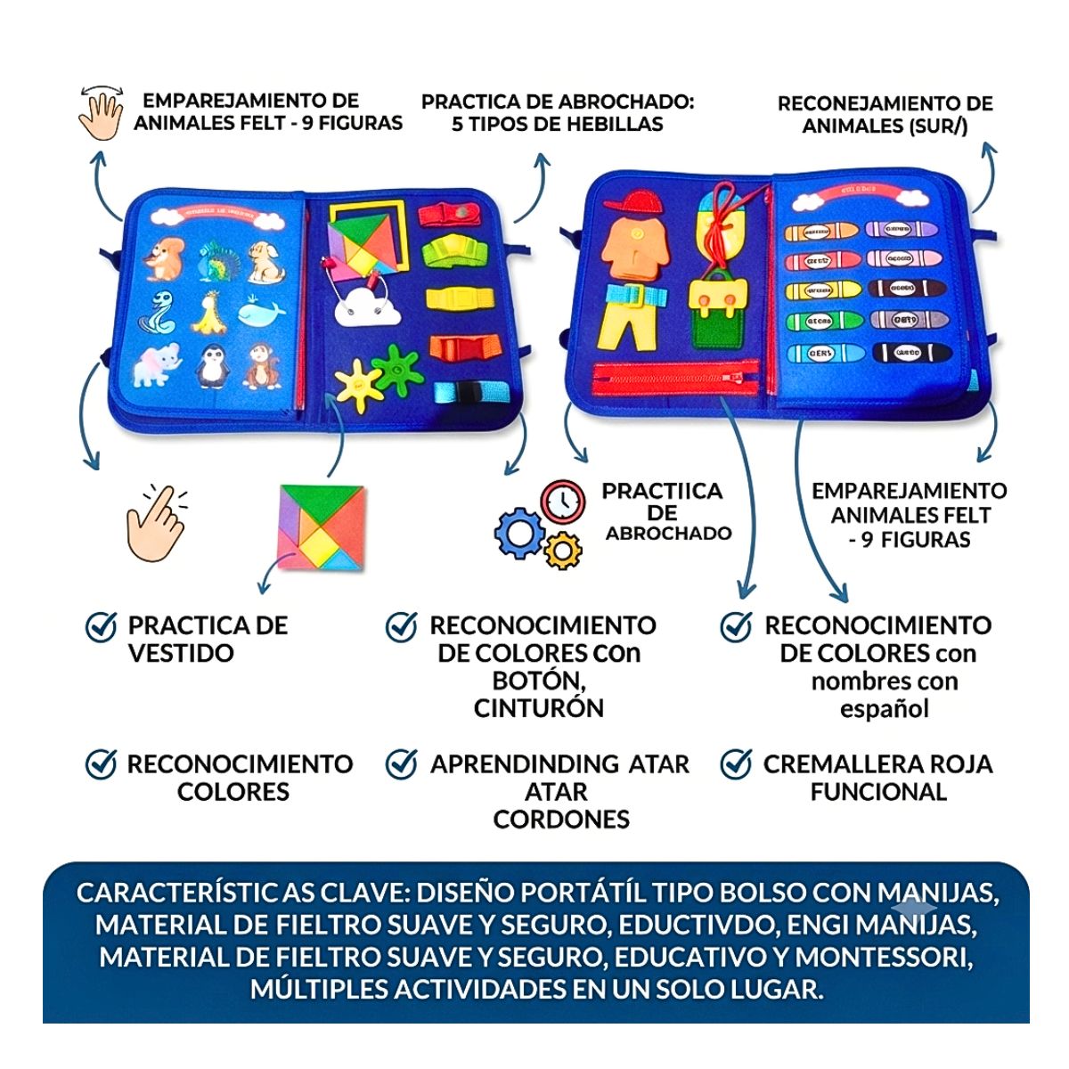JUEGO LIBRO DIDÁCTICO MONTESSORI DE ACTIVIDADES SENSORIALES PARA NIÑOS AZUL - 9