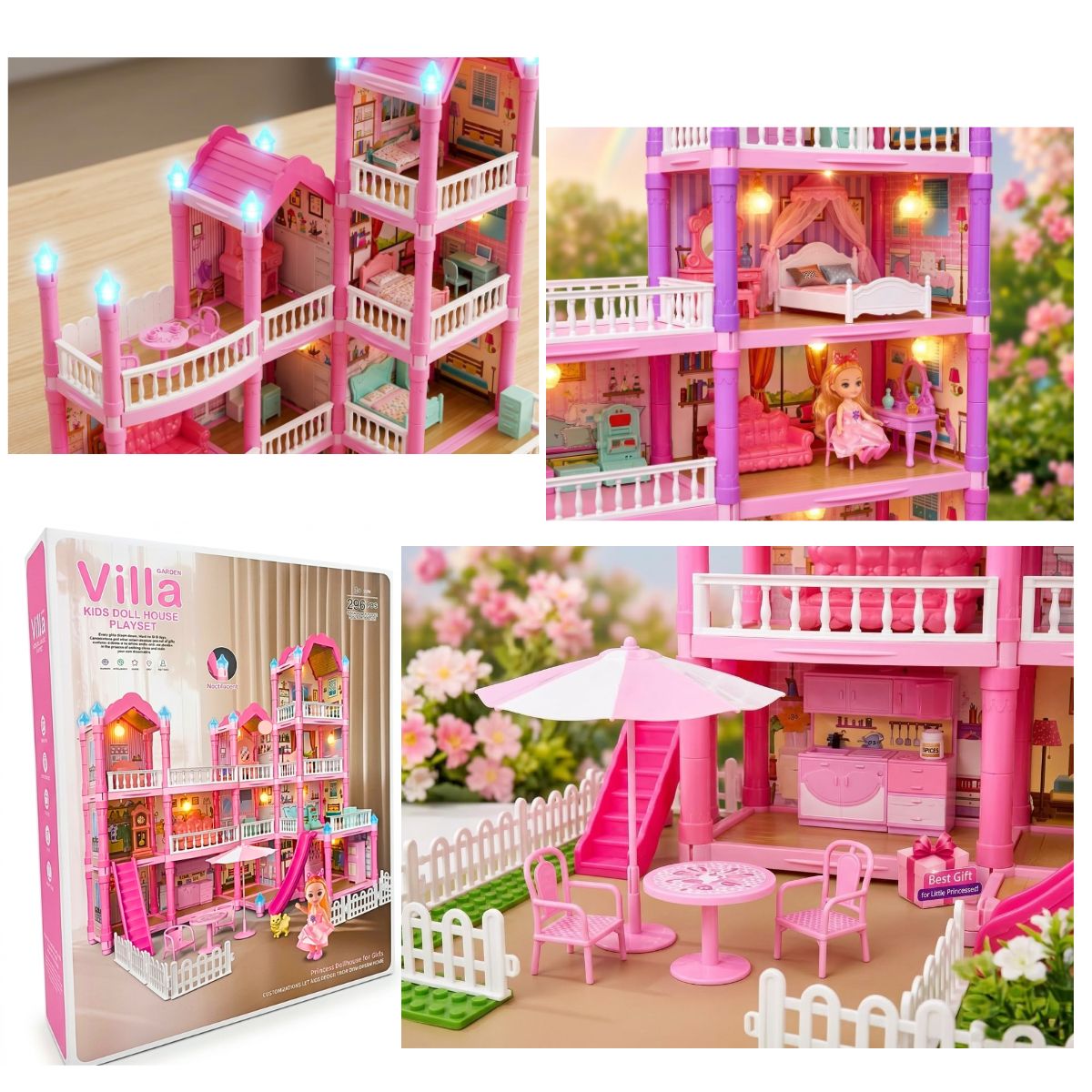 CASA DE MUÑECAS VILLA GARDEN 296 PZS CON LUCES Y ACCESORIOS ARMABLE DIDACTICO - 3