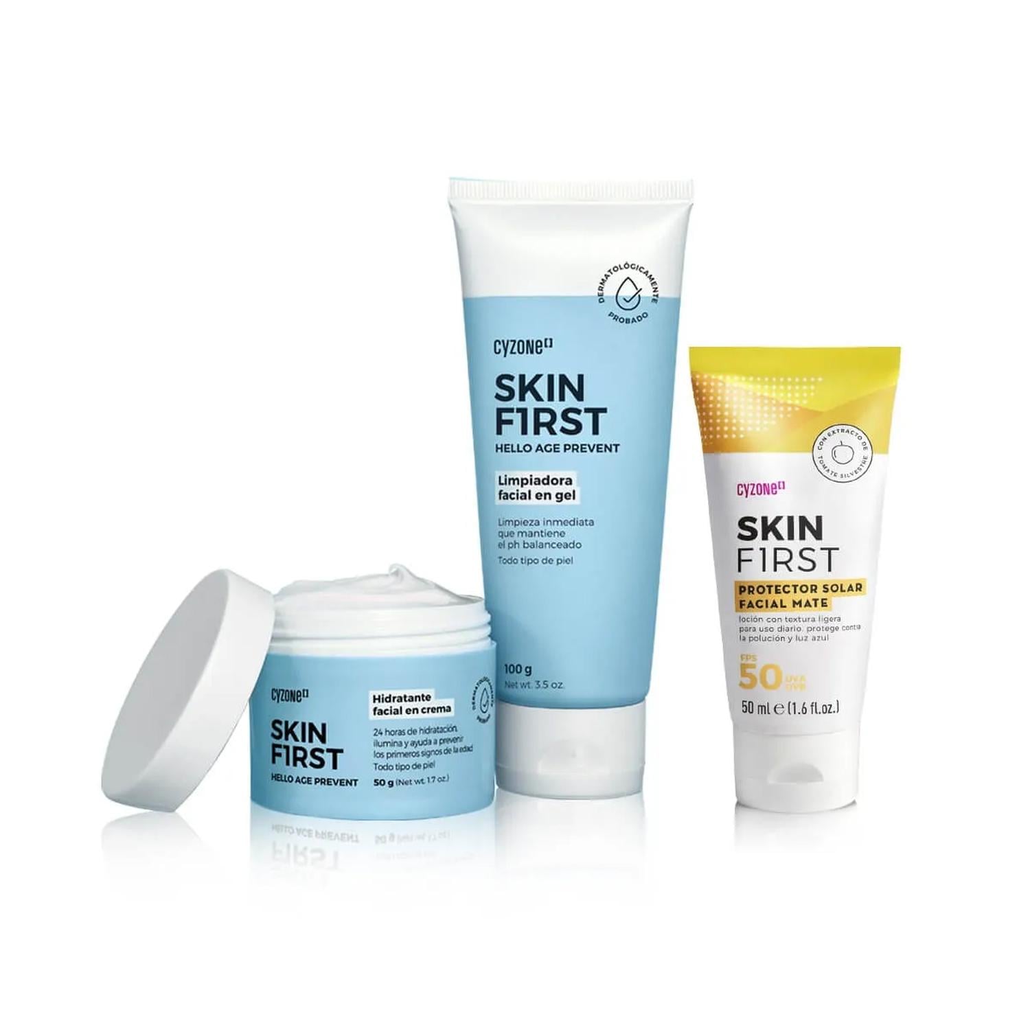 KIT FACIAL SKIN FIRST LIMPIADOR CON HIDRATANTE Y PROTECTOR SOLAR - 1