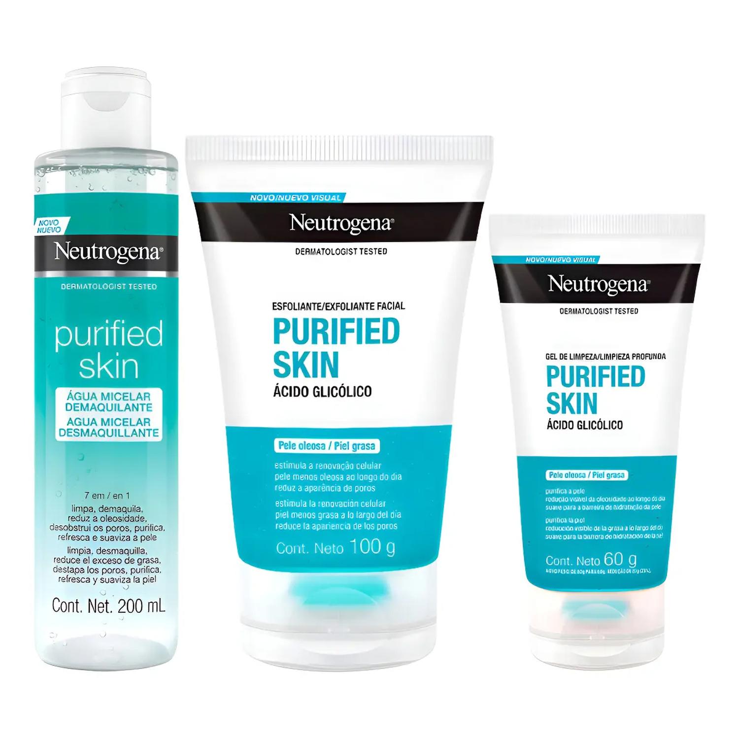 KIT X3 PURIFIED SKIN NEUTROGENA LIMPIADOR, EXFOLIANTE Y MICELAR - 1