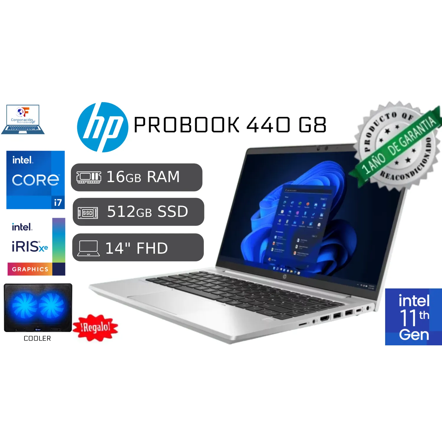 LAPTOP HP PROBOOK 440 G8 INTEL CORE I7-1165G7, 16GB RAM, 512GB SSD, REACONDICIONADA, WINDOWS 11 PRO, GARANTÍA 1 AÑO + COOLER - 1