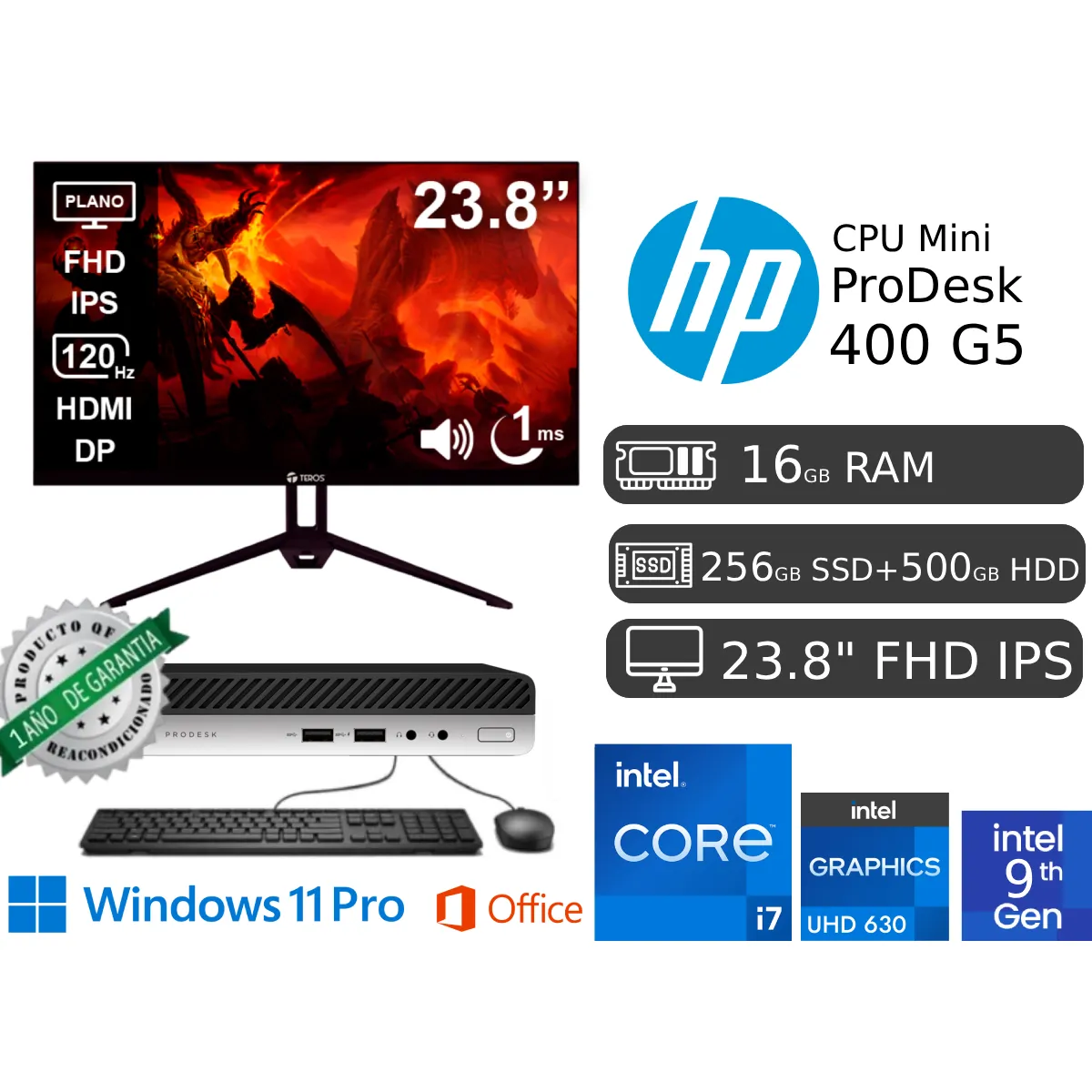 PRODESK MINI 400 G5 I7 9NA 16GB RAM 256GB SSD + 500GB HDD + MONITOR LED 24' - 1