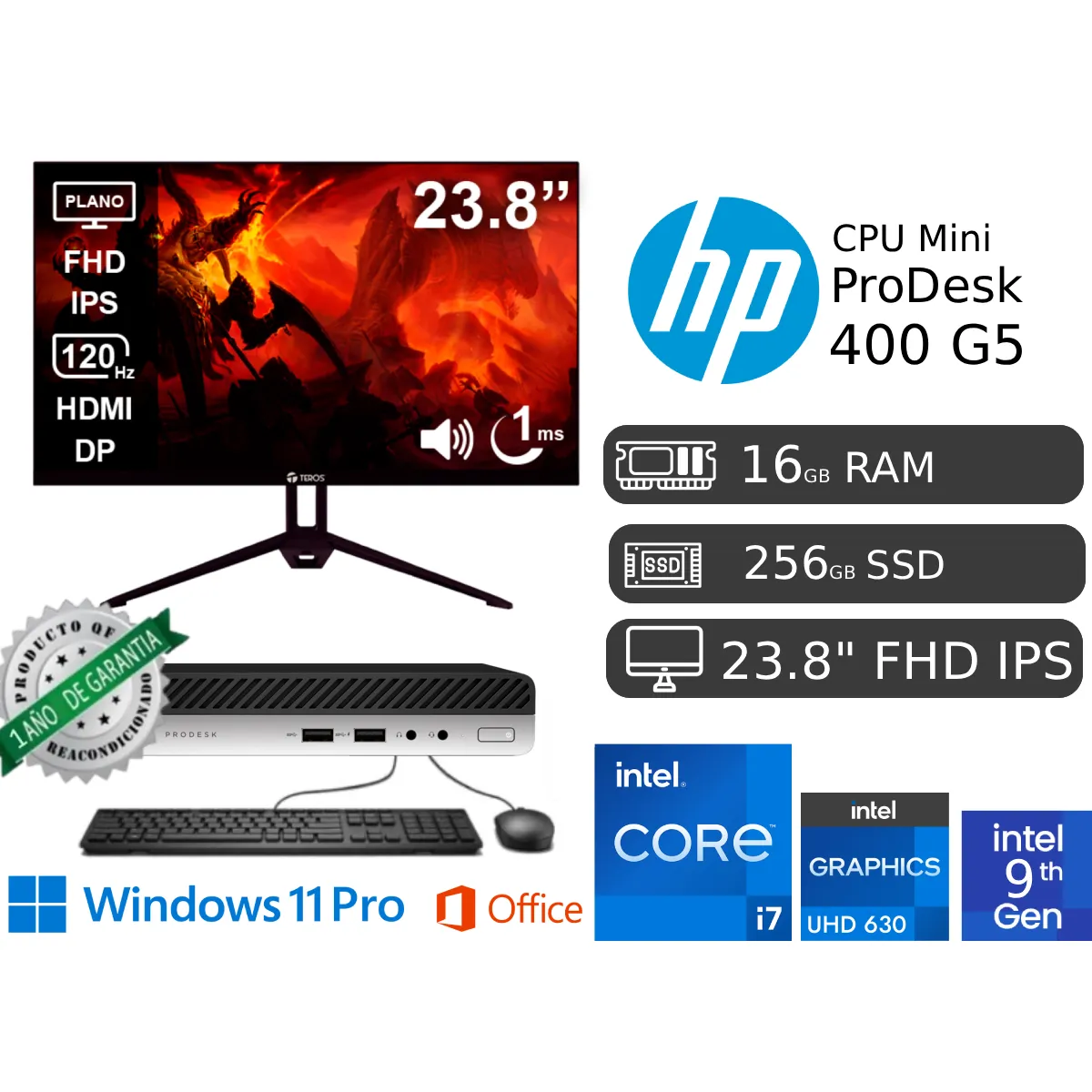 PC MINI HP PRODESK 400 G5 CI7 9700T 16GB RAM SSD 256 REACONDICIONADA + LED 24' - 1
