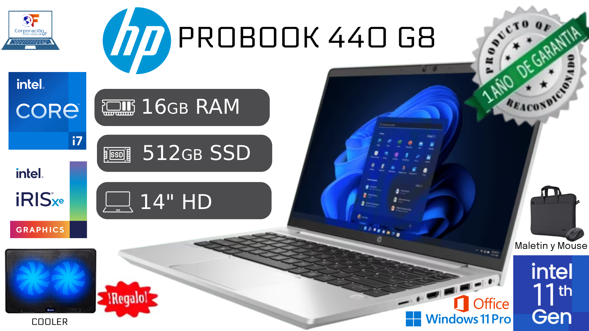 HP PROBOOK 440 G8 I5 11VA 16GB RAM 512GB SSD IPS REACONDICIONADA 1 AÑO GARANTÍA + COOLER - 1